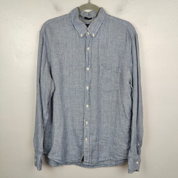 J Crew Linen Button Down‎ Shirt Mens Large Blue Micro Check Lightweight Preppy - Picture 1 of 8
